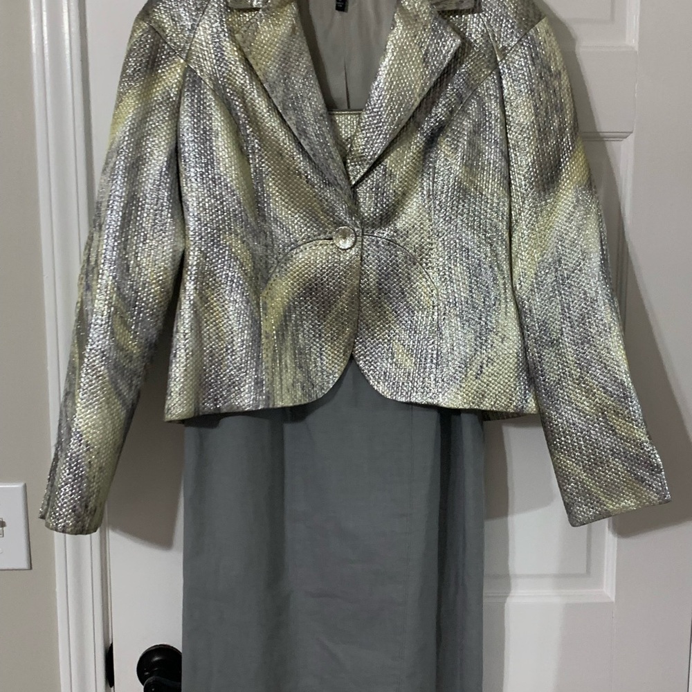 Hilton Hollis Metallic Silver Yellow & Gray Textured Blazer and Dress Set Size 8